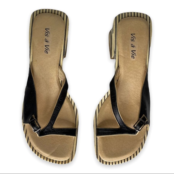 Vis a Vié Low Wooden Block Heel Mule Sandals Open Toe Cut Out Vamp - Picture 5 of 9